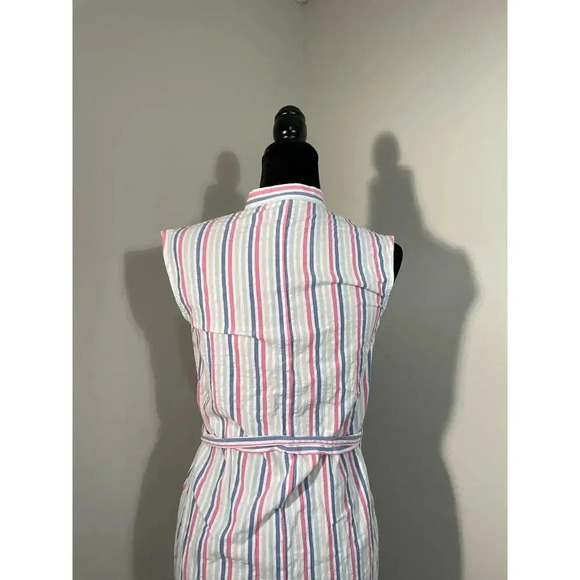 Loft Outlet Pink and Blue Striped Button Front Cotton‎ Midi Dress - Picture 8 of 12